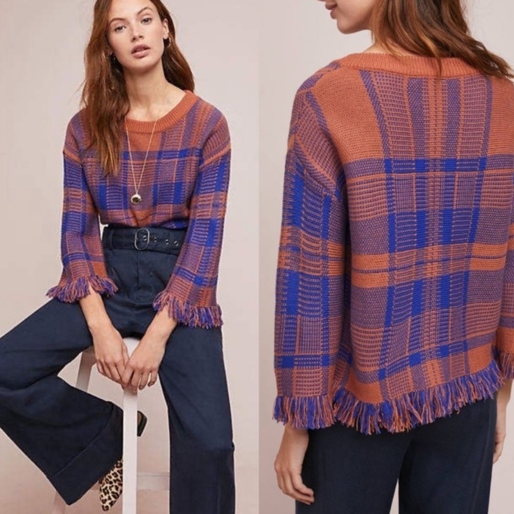 Moon River Anthropologie Plaid Sweater Brown Blue Size XS